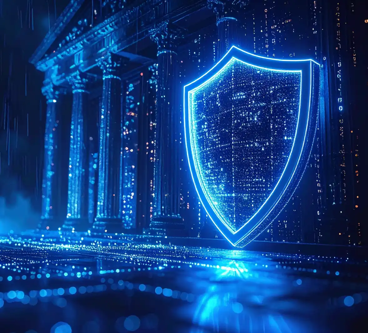 Shield In Front Of A Digital Government Building