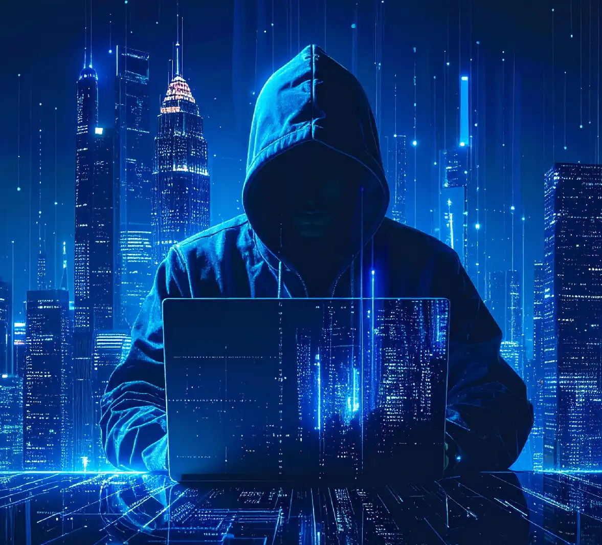 Hooded digital criminal in front of a digital city