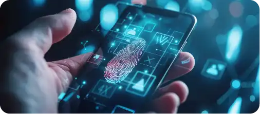 A hand holding a smartphone showing a glowing fingerprint scan