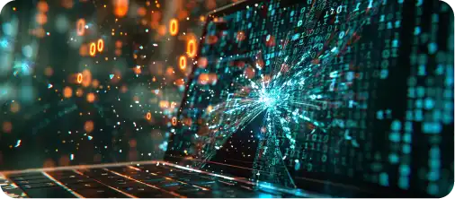 A laptop screen shattering into fragments of glowing data