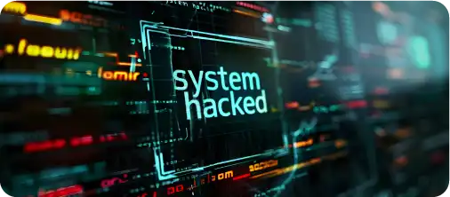 A screen of code with a “system hacked” warning
