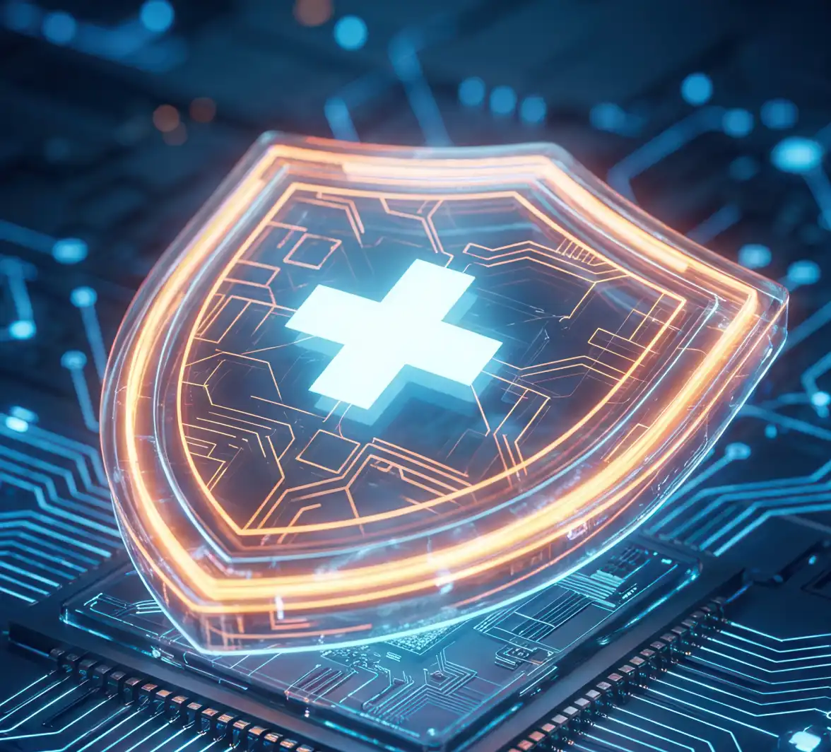 Healthcare Cross On A Digital Shield