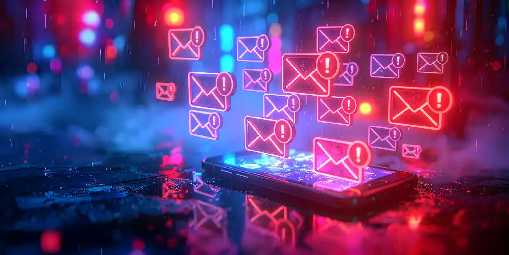 Email Envelopes With Exclamations Floating Above A Mobile Device In A Digital Environment