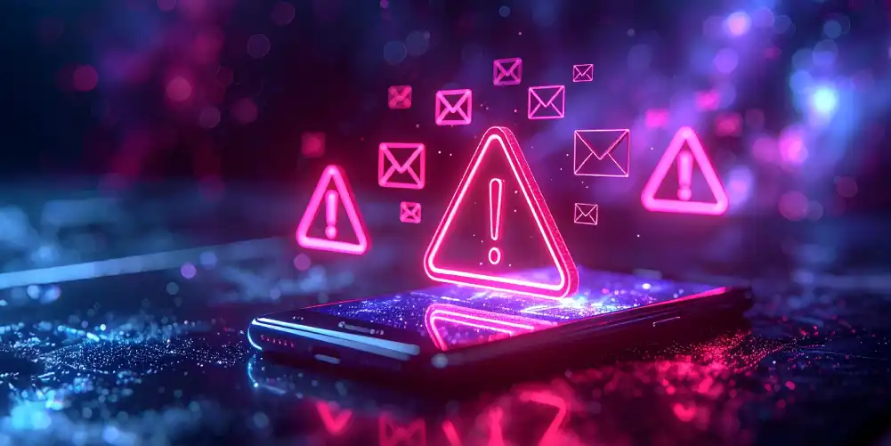 Señales de alerta de color rosa neón con iconos de sobres de correo electrónico sobre un dispositivo móvil.