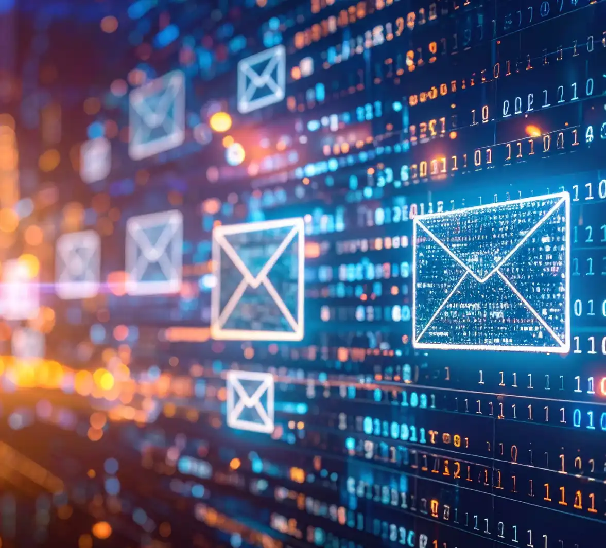 Sobres de correo electrónico flotando en un espacio digital luminoso