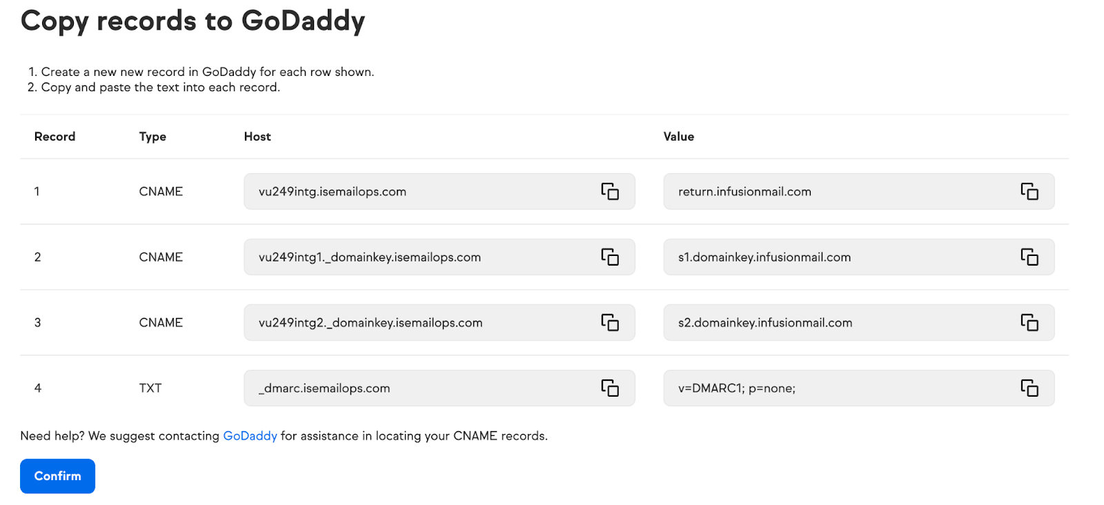Keap (Infusionsoft) DKIM records to copy to your domain provider