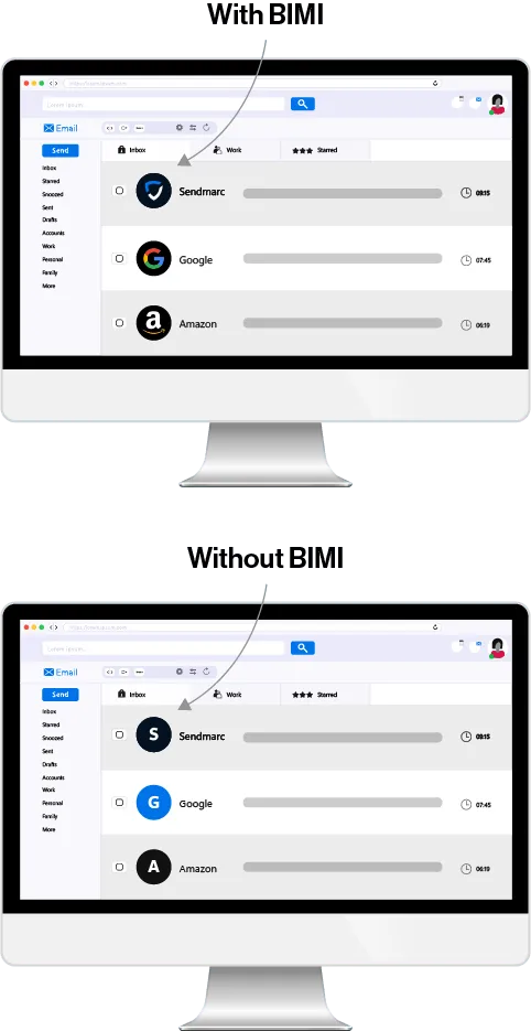 Comparison Of Two Computers With The Top Computer Showcasing A Inbox With Bimi And The Bottom Showcasing A Inbox Without Bimi