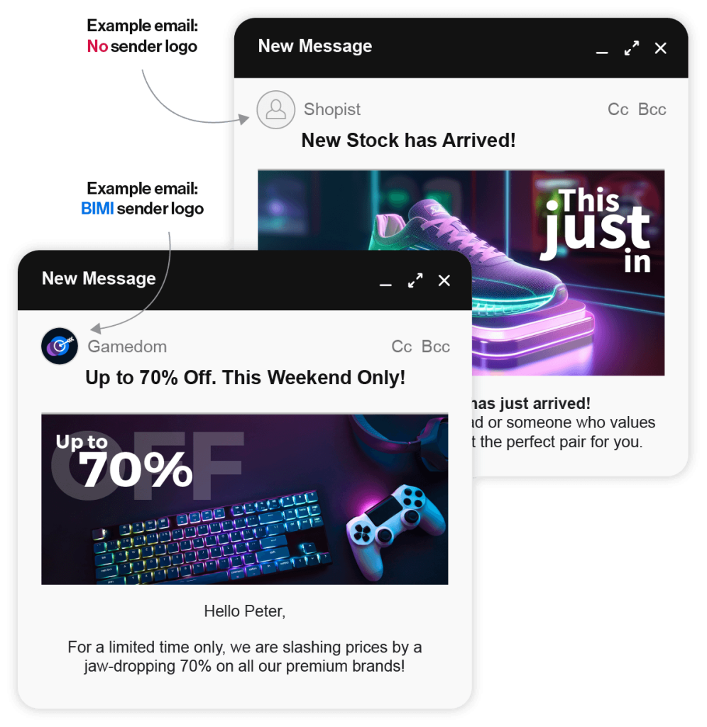 Examples Of A Bimi Email With A Bimi Brand Logo And A Non-Bimi Email With No Logo