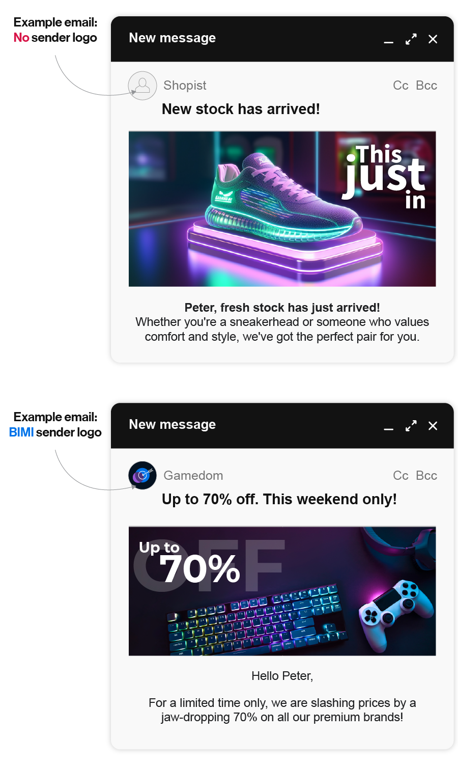 Examples Of A Bimi Email With A Bimi Brand Logo And A Non-Bimi Email With No Logo