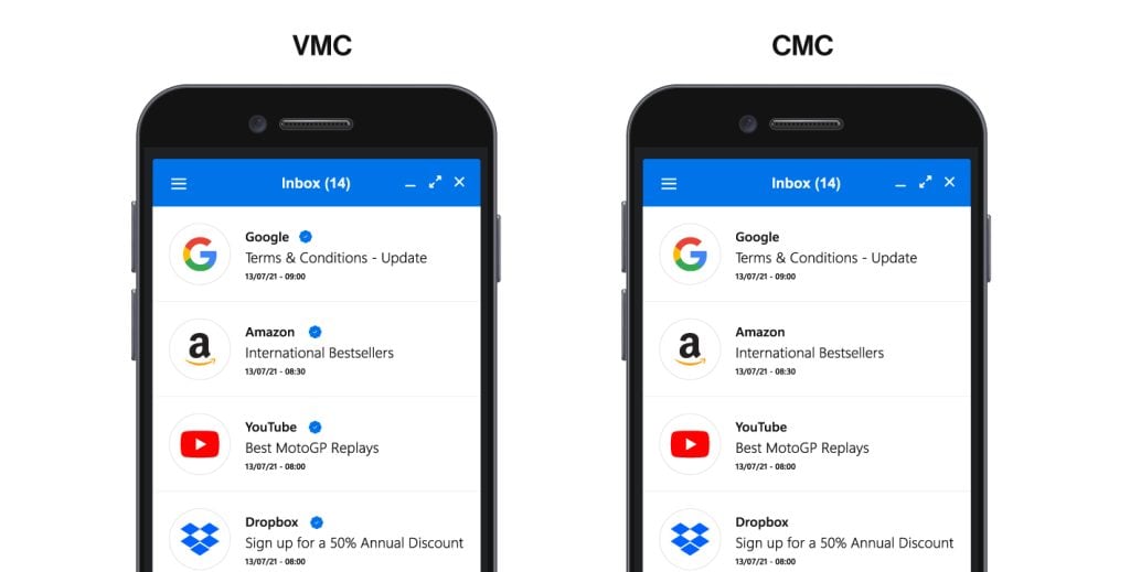 The Difference Between How Your Email Appears With Vmc And Cmc (Bimi Certificates).