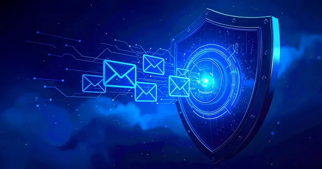 Blue Shield con sobres de correo electrónico avanzando hacia ello