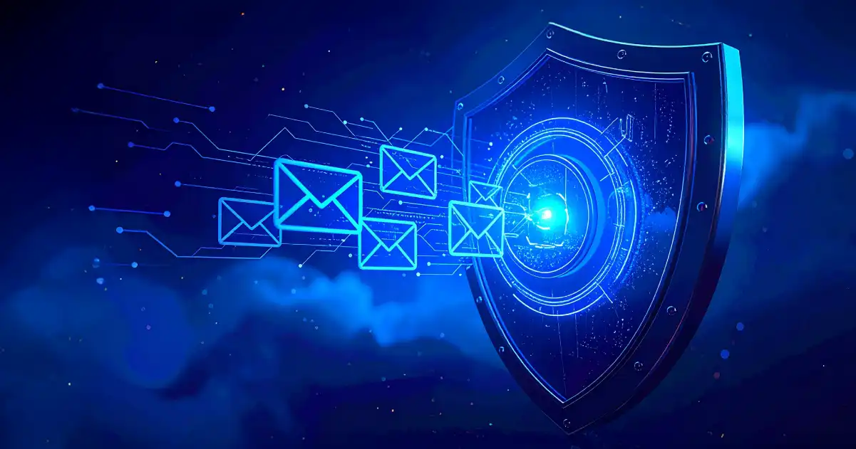Escudo azul con sobres de correo electrónico que se dirigen hacia él