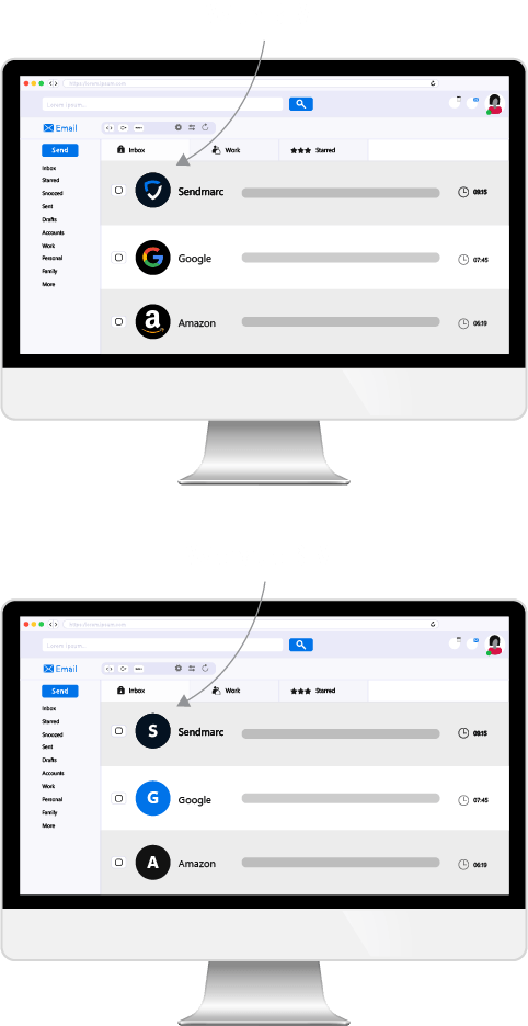 Example Of Two Computers With The Top Computer Showcasing An Email Template With Bimi And The Computer At The Bottom Showcasing An Email Template Without Bimi -2