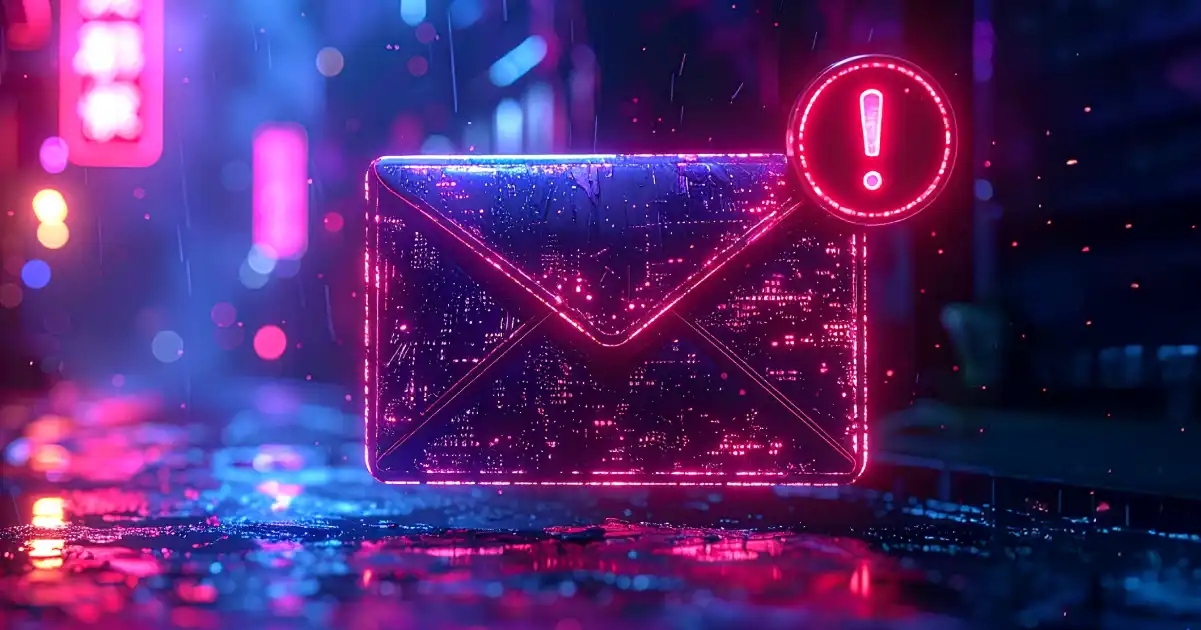Sobre de correo electrónico brillante en un entorno digital con una alerta.