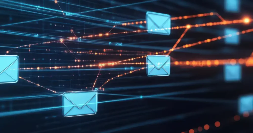 Digital Email Envelopes Floating In A Cyber Network