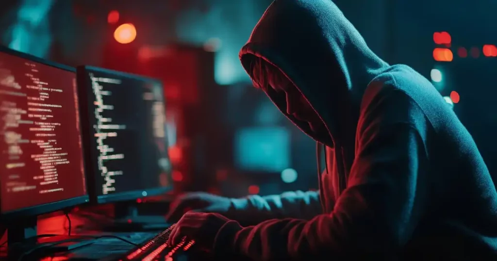 Un hacker sentado junto a un escritorio con pantallas de ordenador