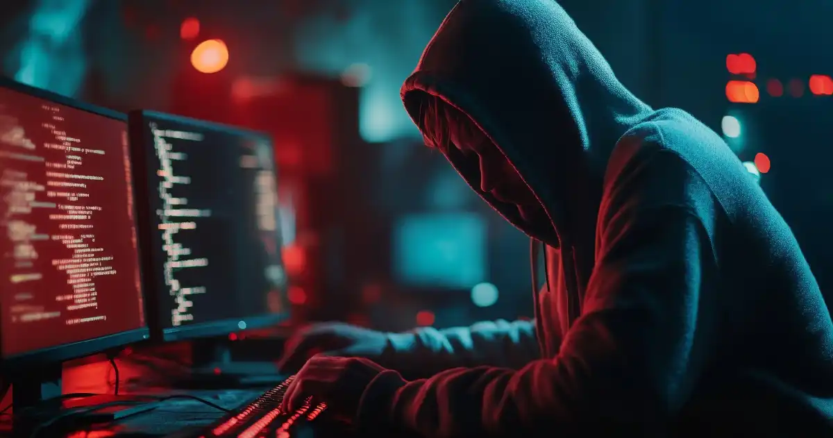 Hacker sitting by a desk with computer screens