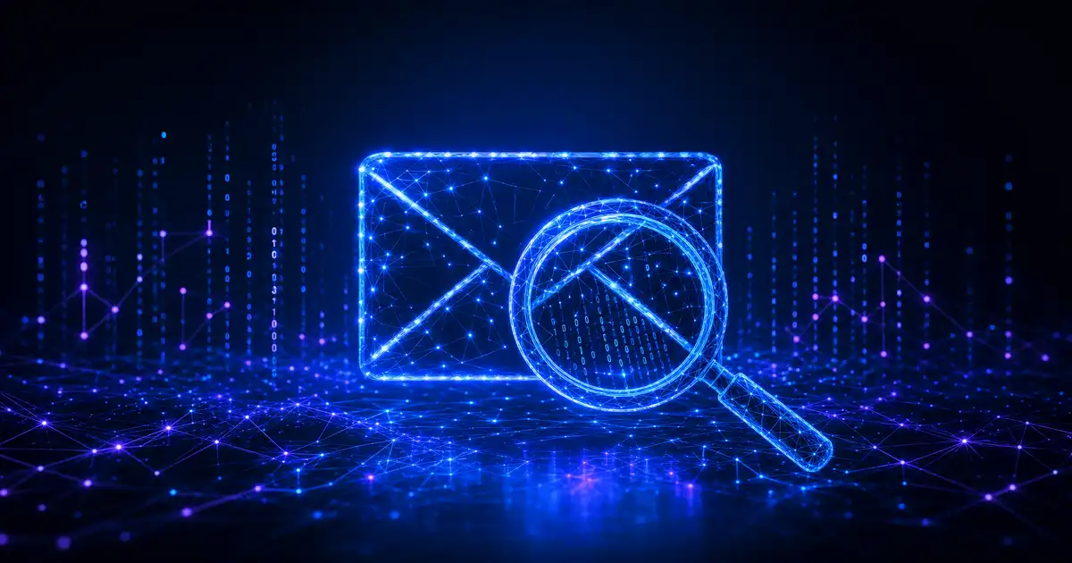 Digital Magnifying glass over a email envelope in a cyber environment