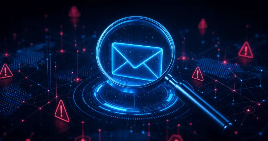 Una lupa sobre el sobre de un correo electrónico en un entorno cibernético digital que representa la supervisión de DMARC