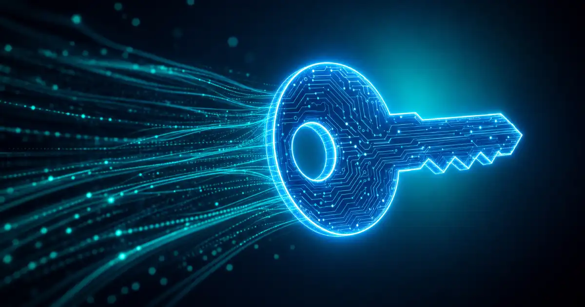 Una llave digital azul en el ciberespacio con líneas de datos que fluyen detrás de ella