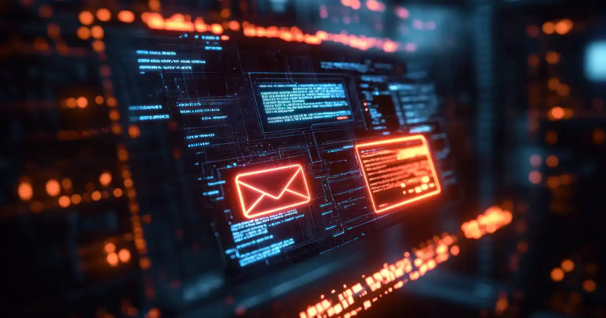 Email envelope with digital data around on a laptop