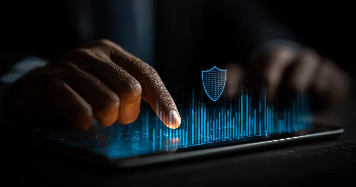 Hand on a mobile device with digital bar graphs and a shield