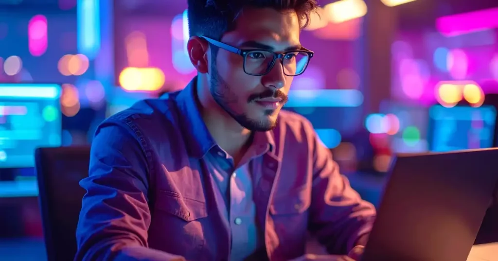 Hombre con gafas trabajando con un ordenador portátil