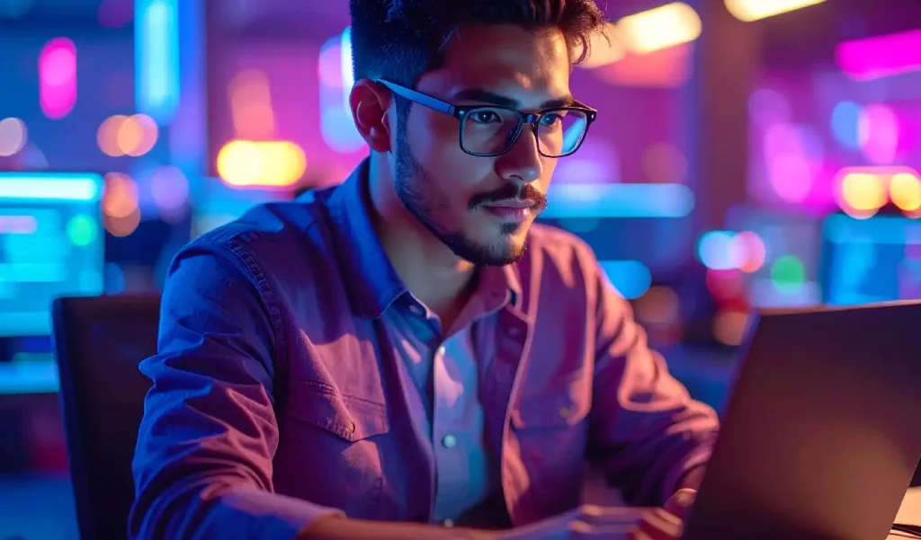 Man Working On A Laptop Wearing Glasses