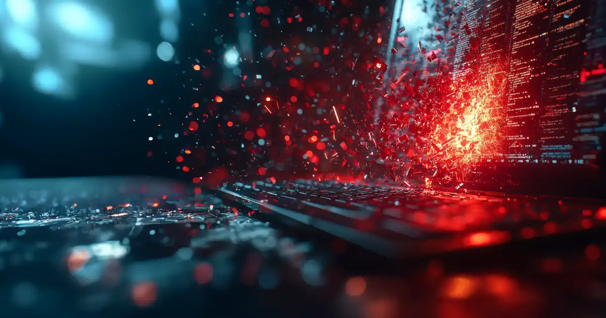 Portátil digital con fragmentos rojos que salen disparados de la pantalla