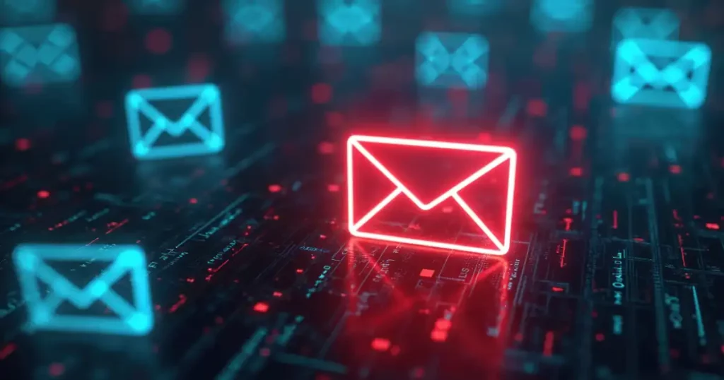 Red Email Envelope Alongside Blue Email Envelopes In A Digital Environment