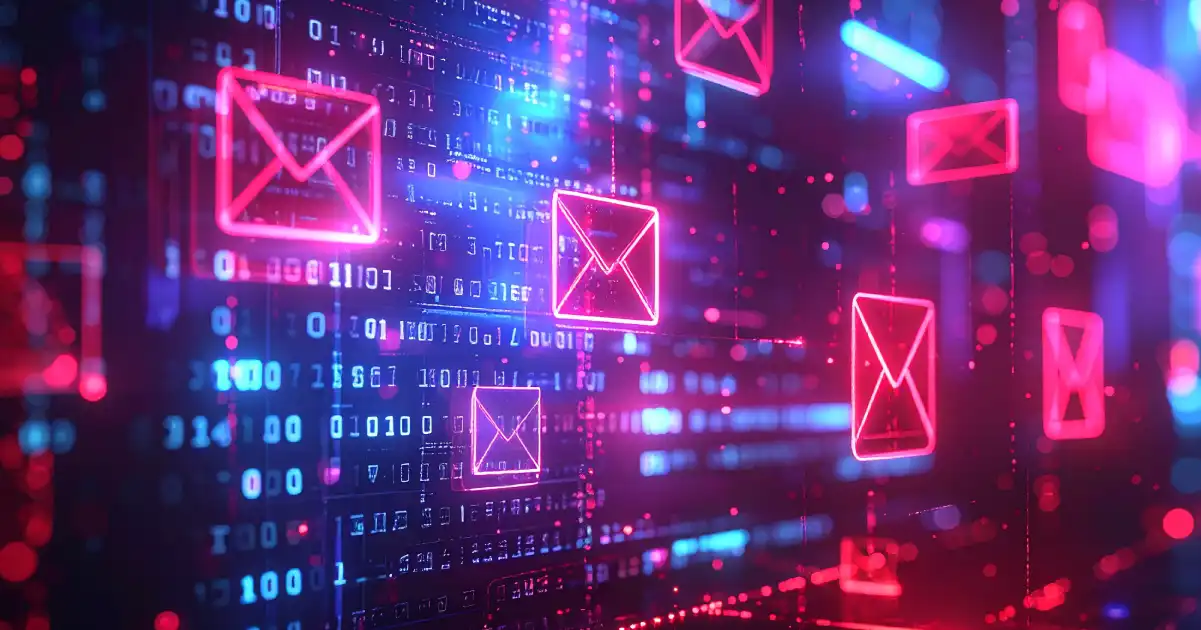 Sobres de correo electrónico de color rosa brillante que flotan en el ciberespacio
