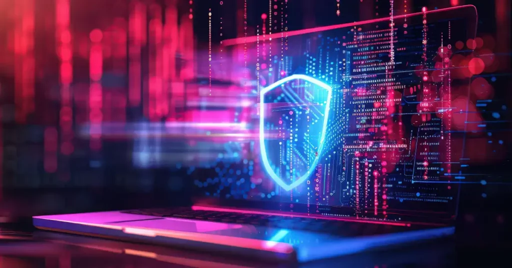 Un escudo azul neón brillante que resplandece en la pantalla de un ordenador portátil en un entorno digital