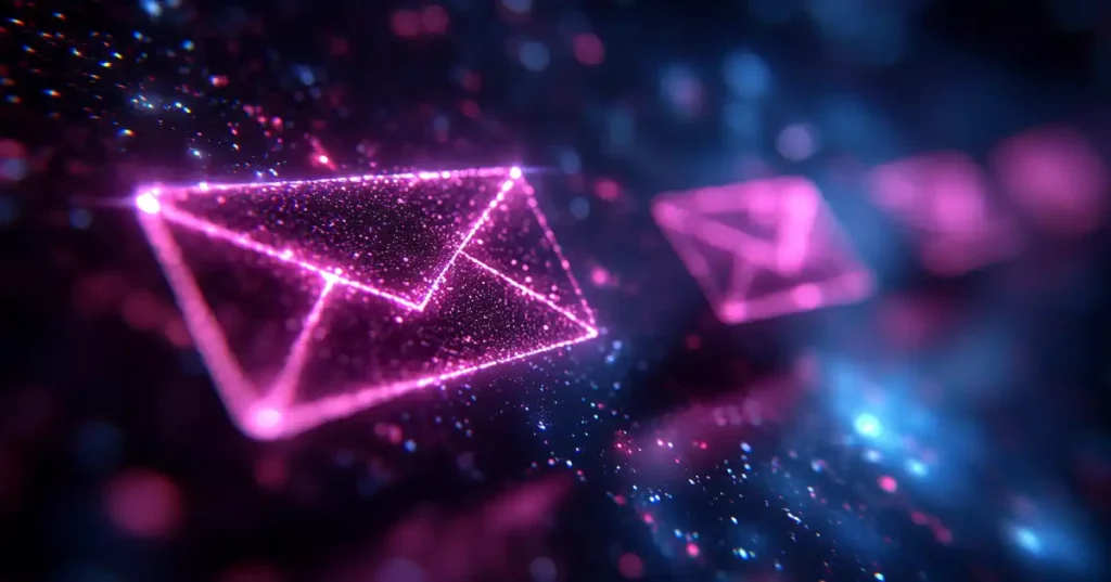 Sobres de correo electrónico de color rosa brillante flotando en fila en un entorno digital