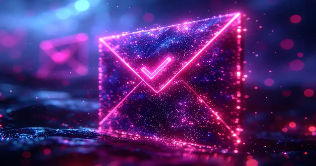 Sobre de correo electrónico de color rosa brillante con una marca de verificación rosa neón en la solapa