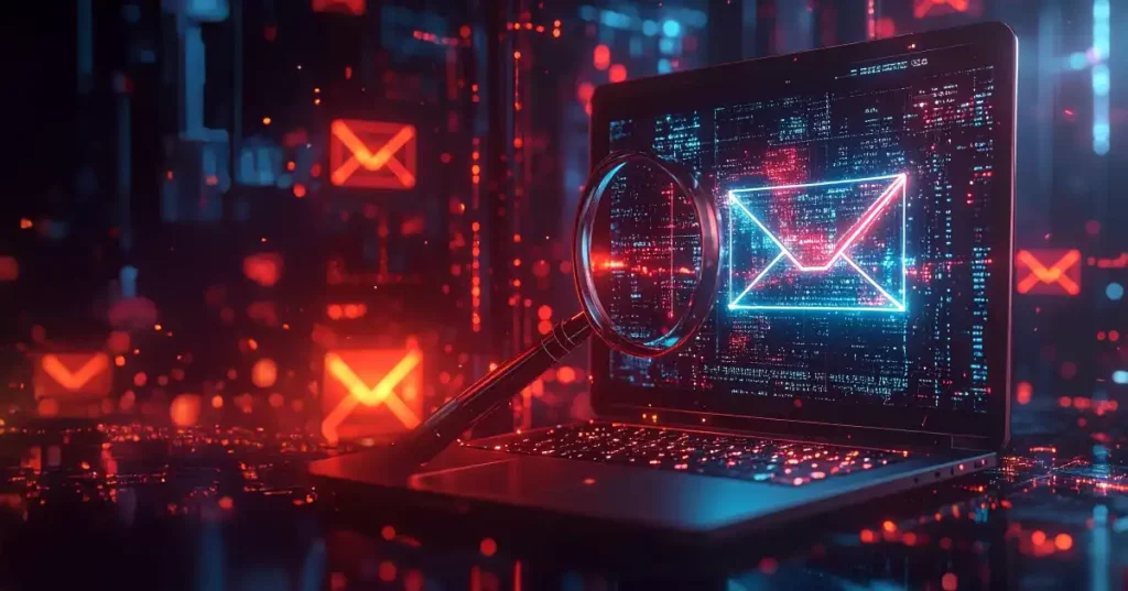 Lupa sobre un ordenador portátil con un sobre de correo electrónico en la pantalla