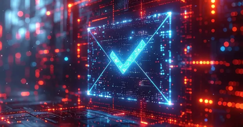 Una marca de verificación azul brillante sobre un sobre de correo electrónico azul