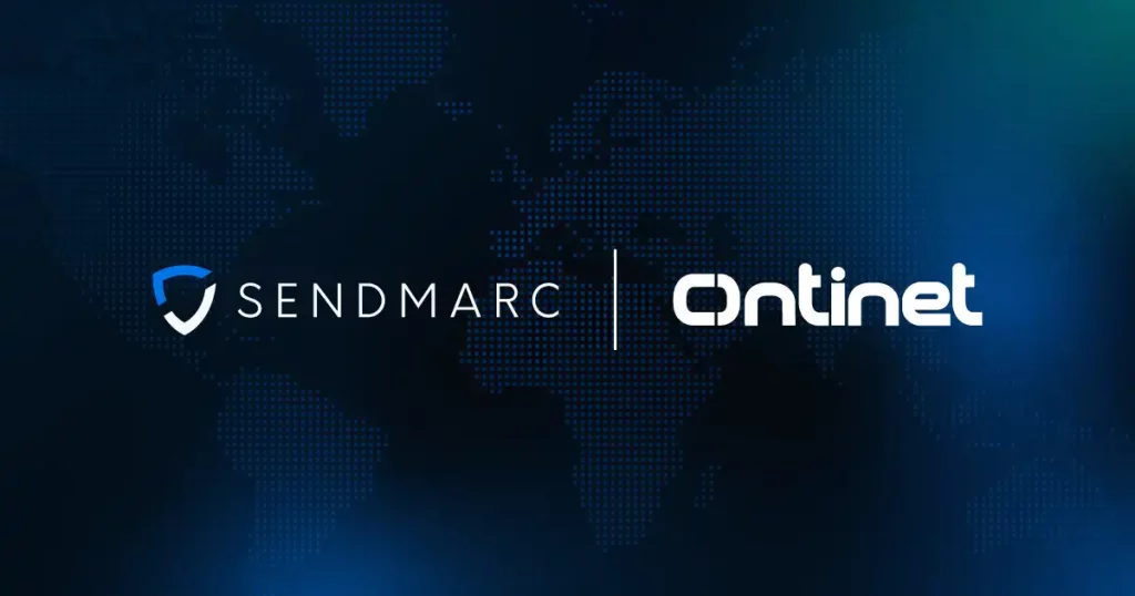 Sendmarc and ontinet partner to boost dmarc adoption rates in spain 5 Logotipos de Sendmarc y Ontinet sobre un mapa del mundo