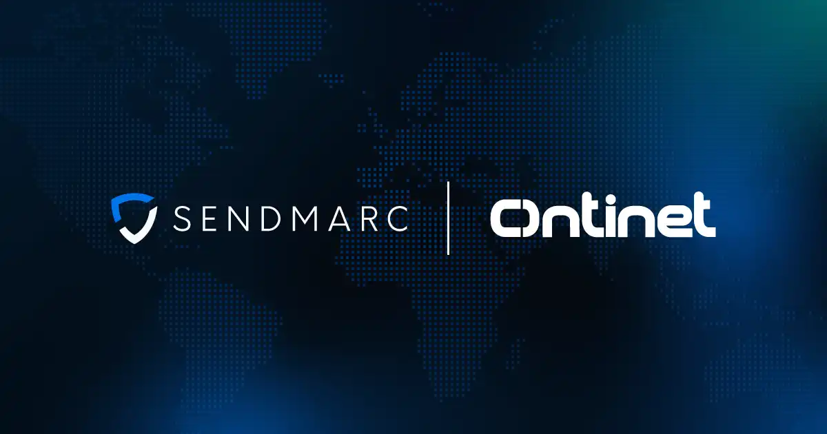 Sendmarc and Ontinet logo on a world map