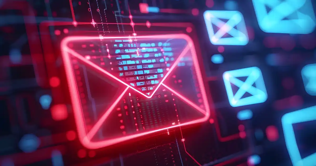 Icono digital rojo de correo electrónico con iconos azules más pequeños de correo electrónico en un entorno cibernético