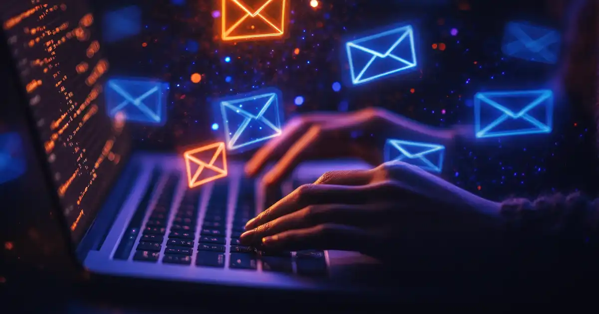 Iconos de sobres de correo electrónico azules y naranjas que salen flotando de un ordenador portátil