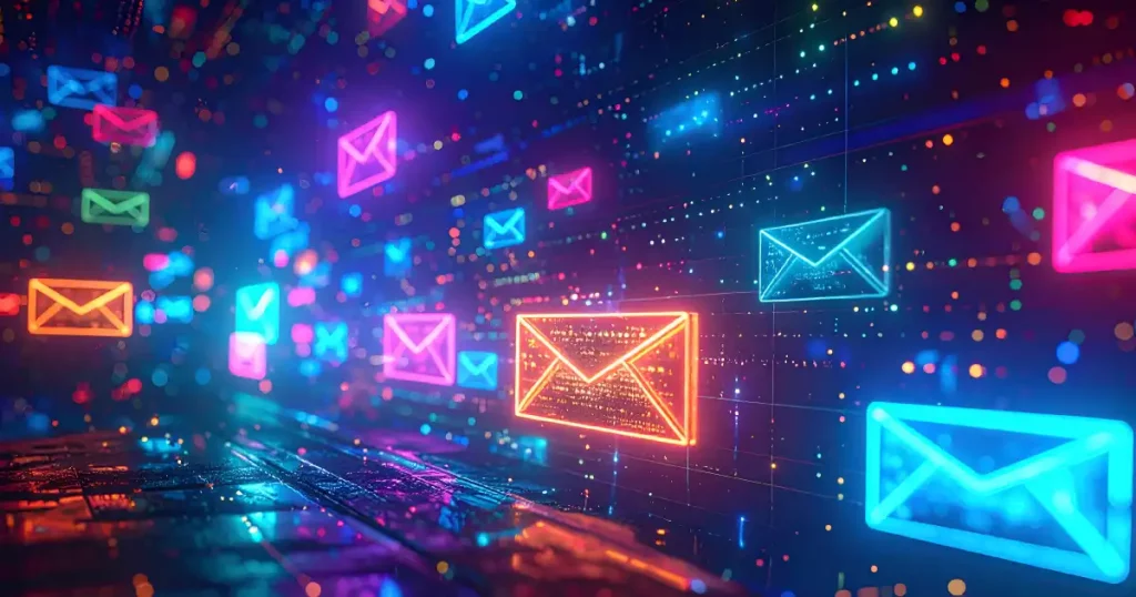 A complete guide to spf email authentication 5 Bright Neon Email Envelopes Flying Through Cyberspace