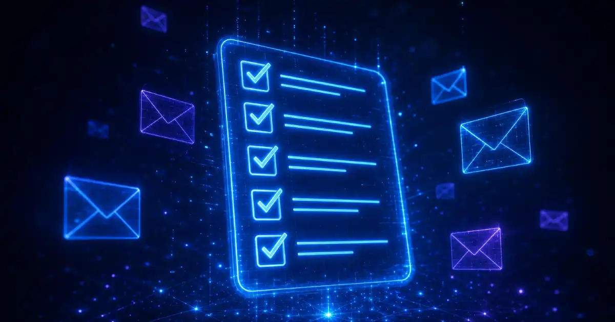 Una lista de comprobación digital con iconos de correo electrónico en el ciberespacio