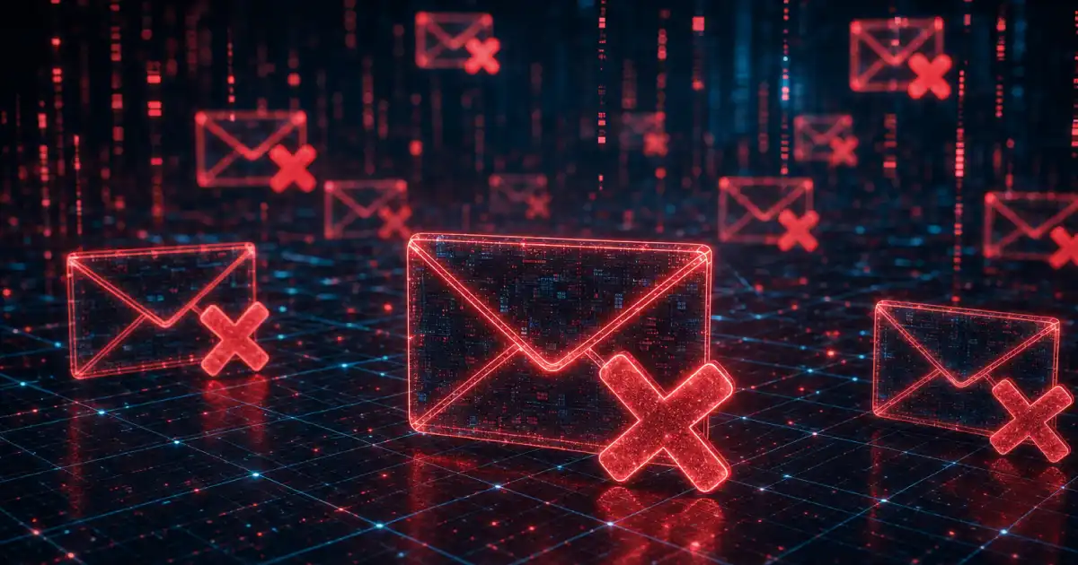 Sobres rojos de correo electrónico con cruces que indican errores en un entorno digital