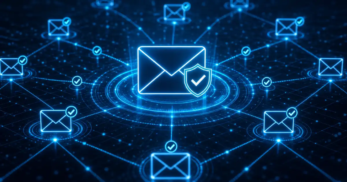 Sobres azules de correo electrónico con marcas de verificación en una red cibernética
