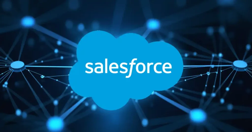 Logotipo de Salesforce en un entorno digital azul con conexiones de red