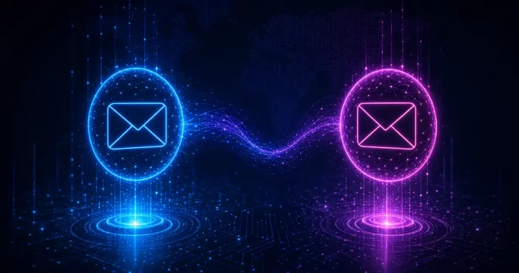 Iconos de correo electrónico azules y rosas en un entorno cibernético
