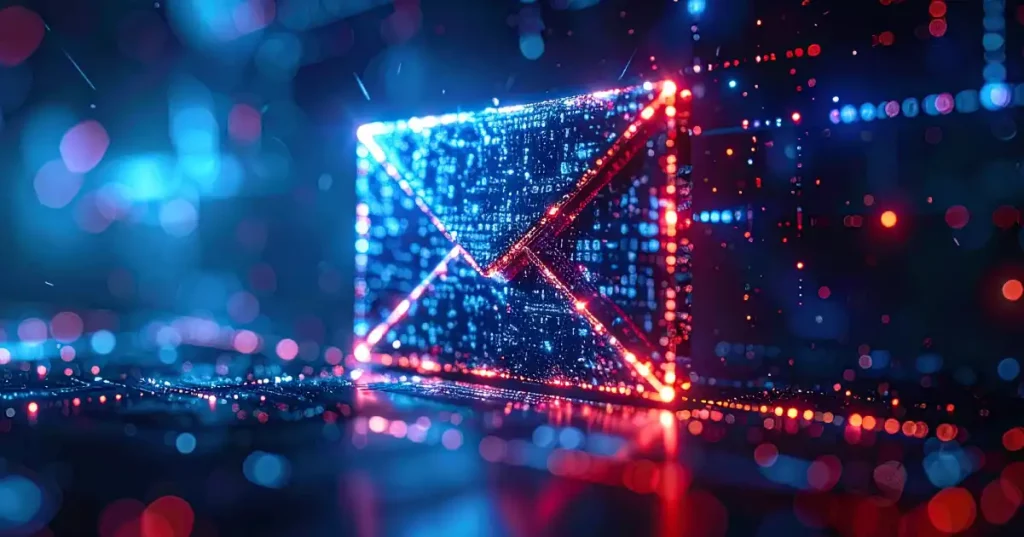 Sobre de correo electrónico azul y rojo brillante en un entorno digital