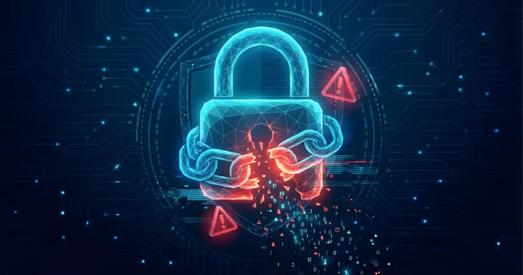 Concepto de violación de la ciberseguridad y robo de datos con un candado digital roto y una cadena brillante sobre un fondo azul oscuro, que representa la vulnerabilidad del sistema ante un ataque de hackers.