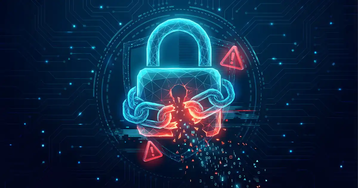 Concepto de violación de la ciberseguridad y robo de datos con un candado digital roto y una cadena brillante sobre un fondo azul oscuro, que representa la vulnerabilidad del sistema ante un ataque de hackers.