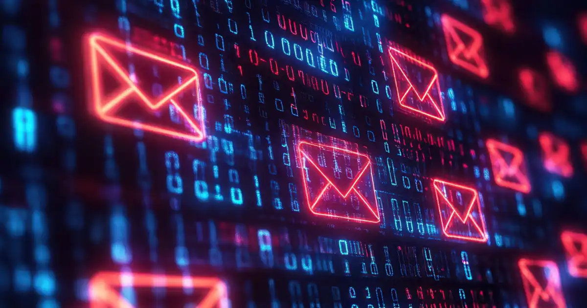 Sobres rojos de correo electrónico sobre datos digitales en un entorno cibernético